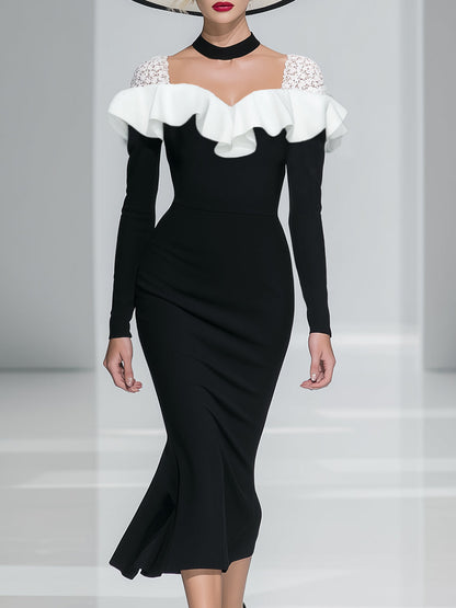 Elegant Classic Lace Shoulder Ruffle Black Fishtail Midi Dress