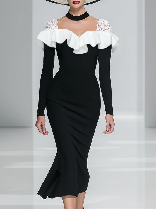 Elegant Classic Lace Shoulder Ruffle Black Fishtail Midi Dress