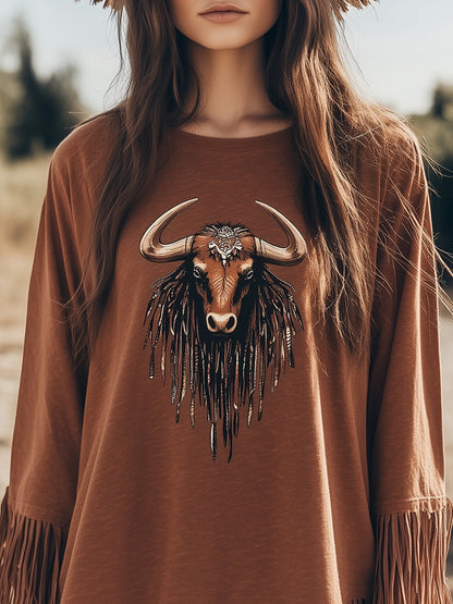 Bohemian Western Vintage Bull Head Pattern Brown Tassel Top