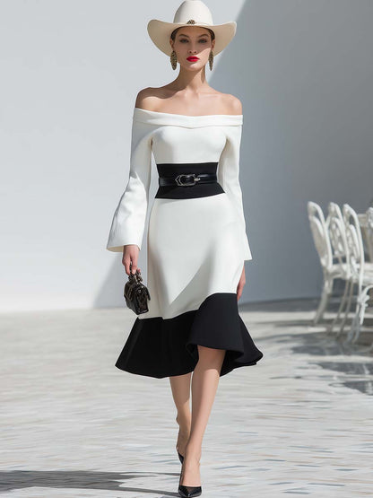 Elegant Off-the-shoulder Long-sleeved Puff Hem Black And White Contrast Midi Dress