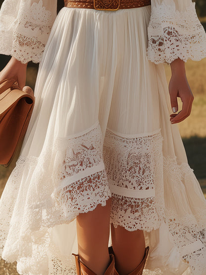 Bohemian White Linen Patchwork Lace Midi Dress