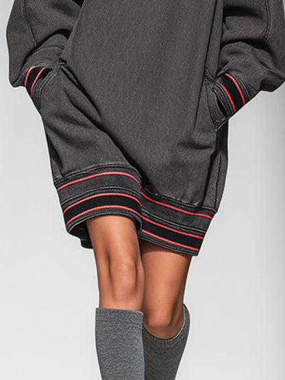 Casual Retro Web-edge Dark Gray Denim Crew Neck Sweatshirt Sports Mini Dress