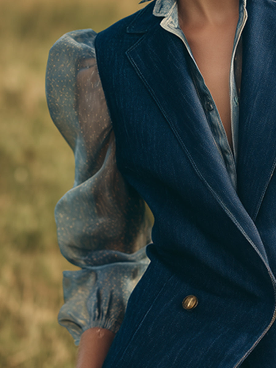 Elegant And Fashionable Blue Imitation Denim Organza Long-sleeved Jacket