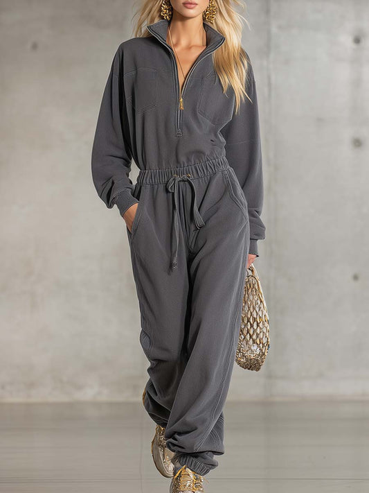 Casual Fashion Sports Sense Stand Collar Front Zipper Waist Elastic Loose Gray Jumpsuit