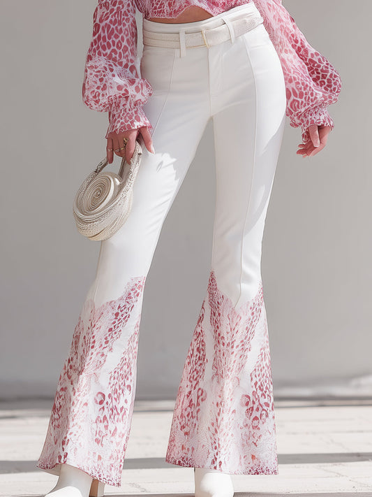 Designer White Hem With Pink Leopard Print Flared Pants