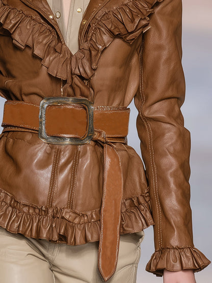 Elegant Vintage Brown Ruffled Faux Leather Jacket
