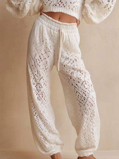 Casual White Loose Knit Cropped Top And Pants Set