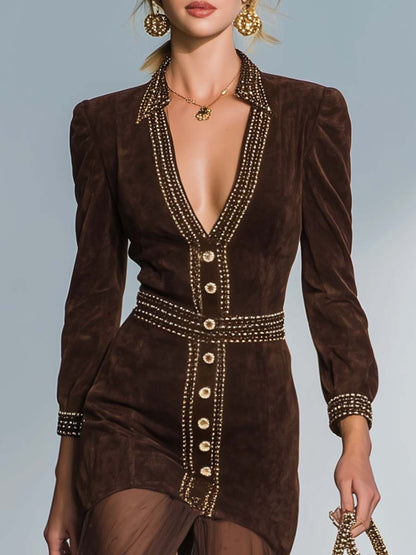 Exquisite And Elegant Western Contrast Color V-neck Mesh Slit Hem Brown Suede Maxi Dress