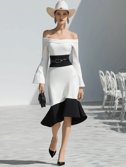 Elegant Off-the-shoulder Long-sleeved Puff Hem Black And White Contrast Midi Dress