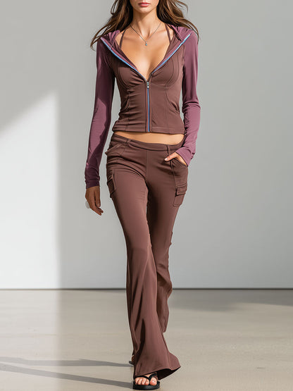Casual Stretch Lycra Color Block Hoodie Flared Pants Sports Yoga Set