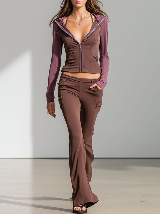 Casual Stretch Lycra Color Block Hoodie Flared Pants Sports Yoga Set