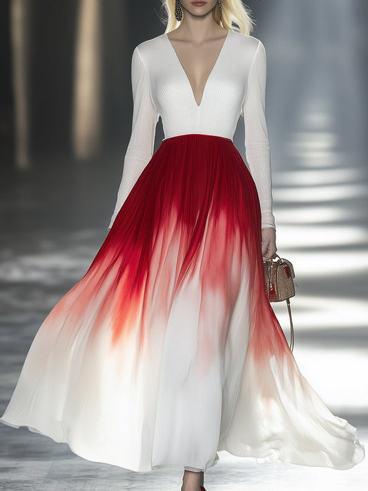 Elegant And Atmospheric V-neck Pleated Chiffon Red And White Gradient Maxi Dress