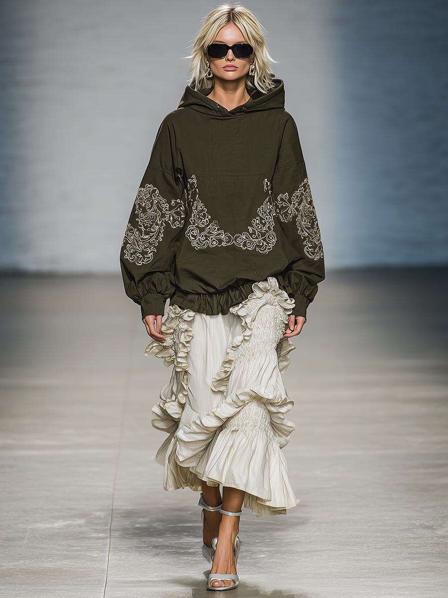 Casual And Fashionable Olive Green Embroidered Pattern Ruffled Hem Hooded Sweatshirt