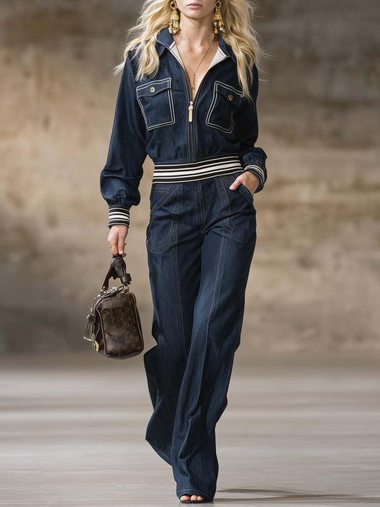 Exquisito mono informal retro con capucha, cuello en V y cremallera de mezclilla azul oscuro