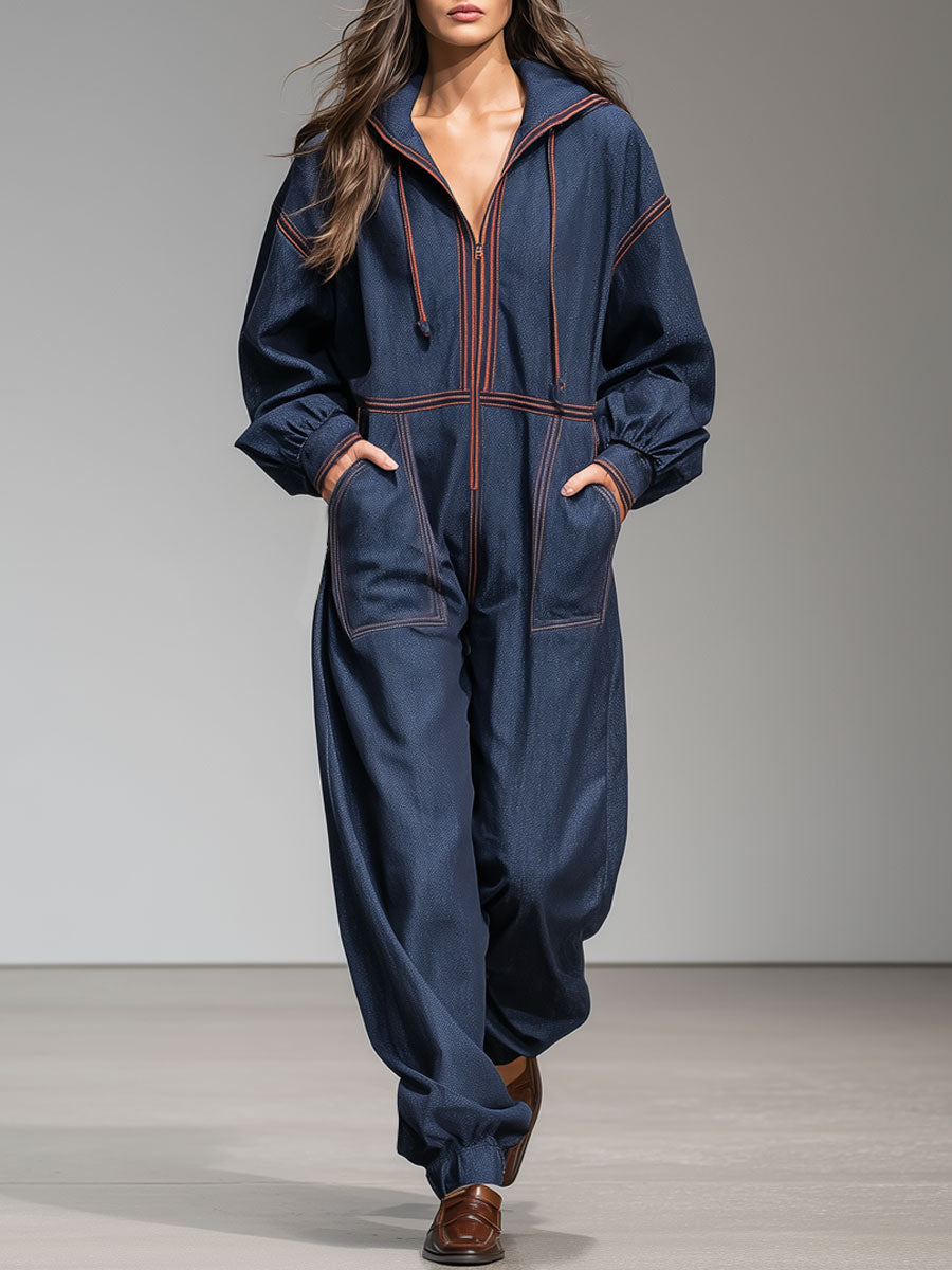 Casual Retro Navy Blue Denim Webbing Hooded Sports Jumpsuit