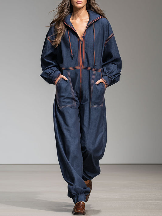 Casual Retro Navy Blue Denim Webbing Hooded Sports Jumpsuit