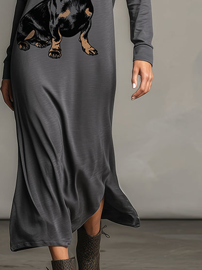 Casual And Fashionable Dark Gray Printed Hooded Long-sleeved Maxi Dress
