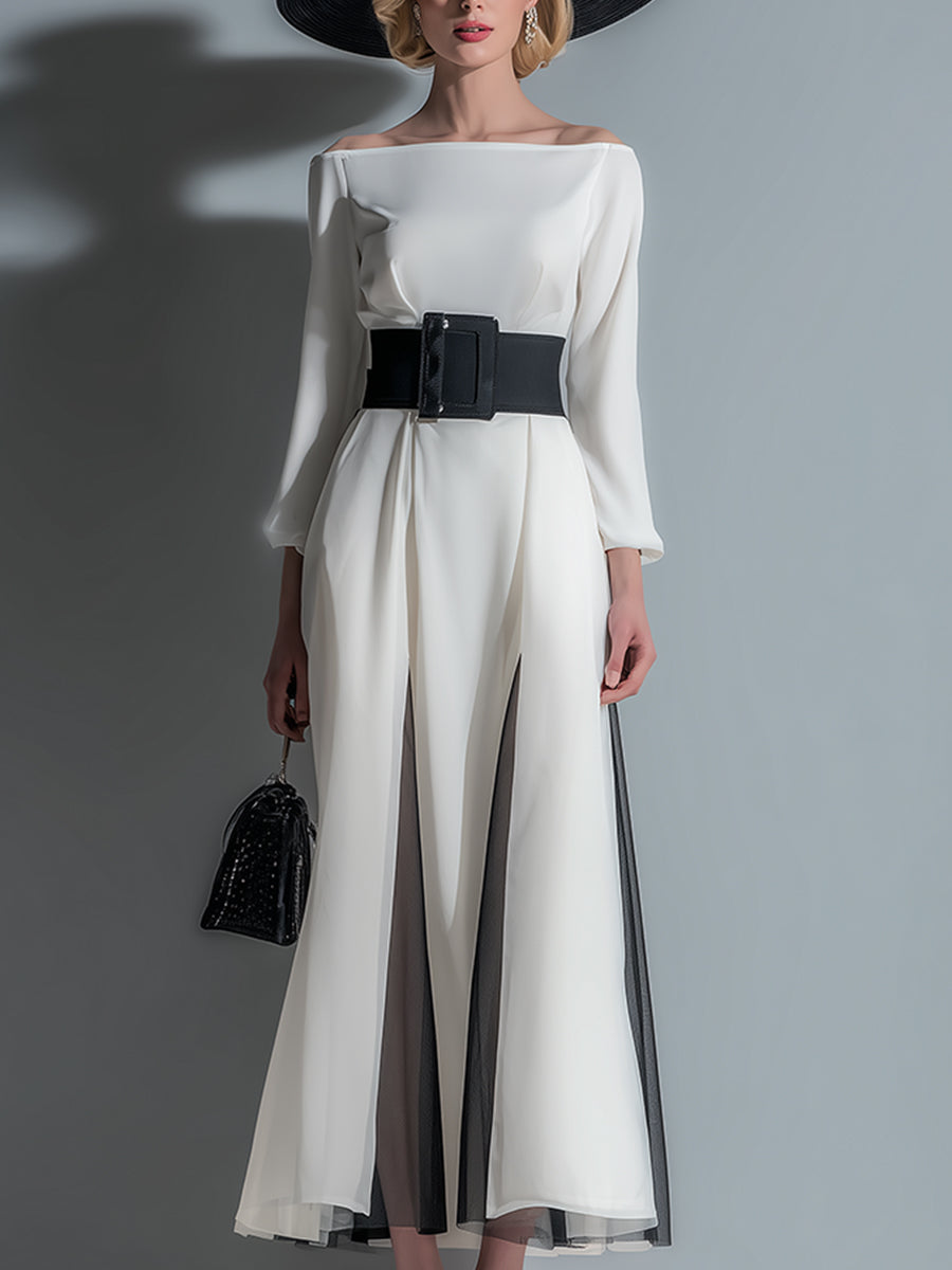 Classic Boat Neck White Chiffon Belted Long Sleeve Maxi Dress