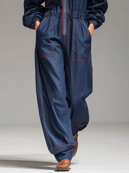 Casual Loose Retro Dark Blue Denim Topstitched Hooded Sports Jumpsuit
