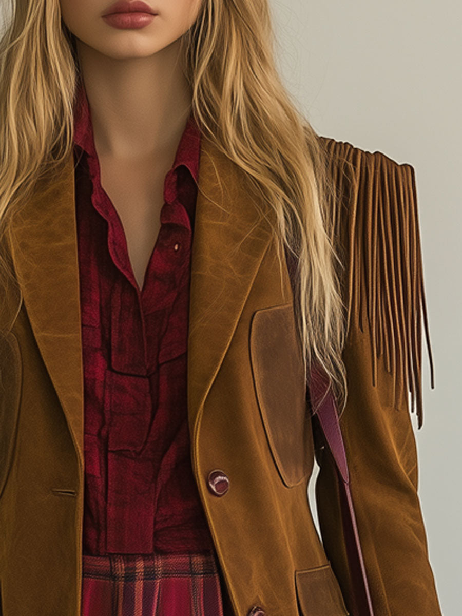 Blazer con borlas de ante camel estilo vintage estilo western 