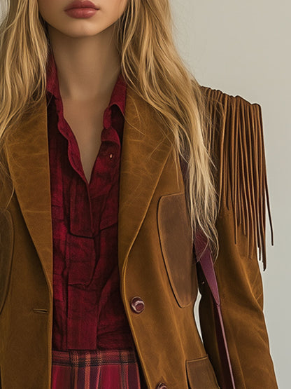 Blazer con borlas de ante camel estilo vintage estilo western 