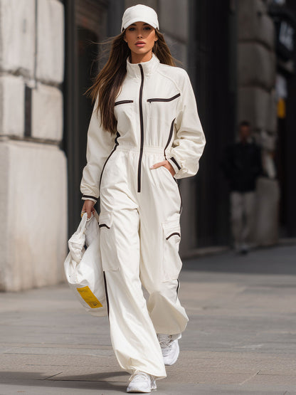 Casual Stand-up Collar Long Zipper Multi-pocket Long Casual Jumpsuit