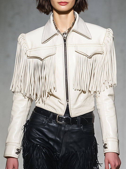 Casual Retro White Faux Leather Tassel Short Jacket