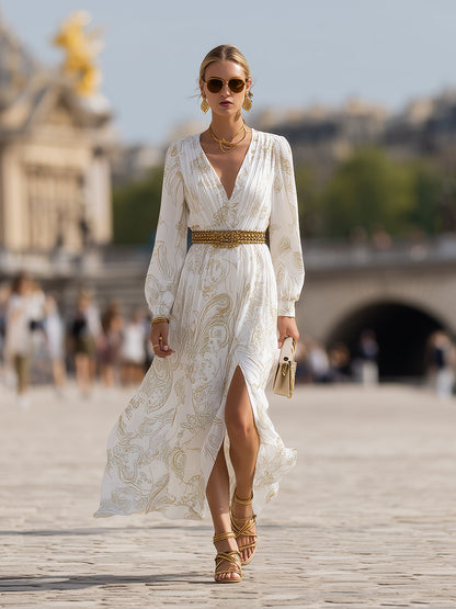 Elegant White Paisley Pattern V-neck Slit Maxi Dress