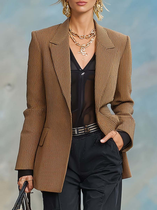 Casual And Fashionable Peak Lapel Single Button Brown Corduroy X-shaped Blazer