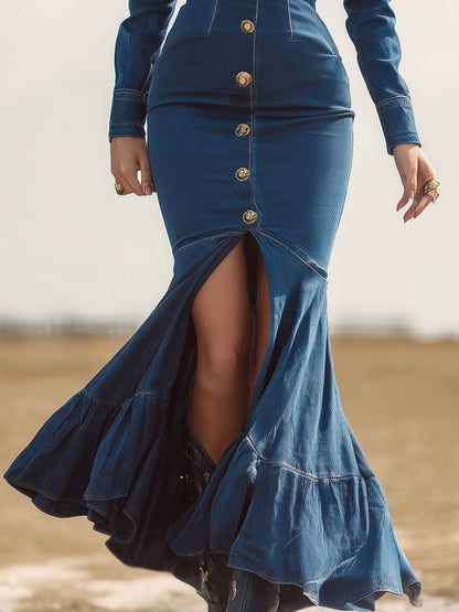 Elegant Western Style Long Sleeve Fishtail Hem Denim Maxi Dress