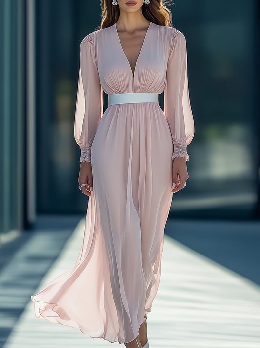Designer Pink Chiffon V-neck Pleated Elastic Waist Maxi Dress