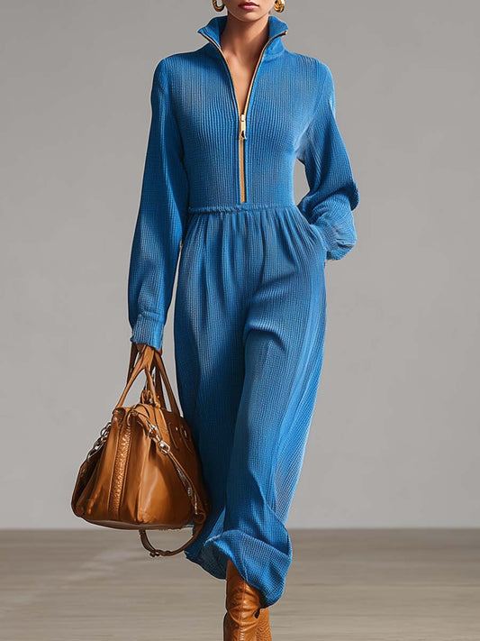 Exquisite Casual Lapel Front Zipper Long Sleeve Blue Waffle Maxi Dress