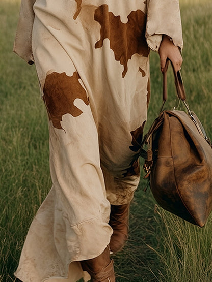 Casual Retro Cow Print Beige Faux Suede Long Sleeve Maxi Dress