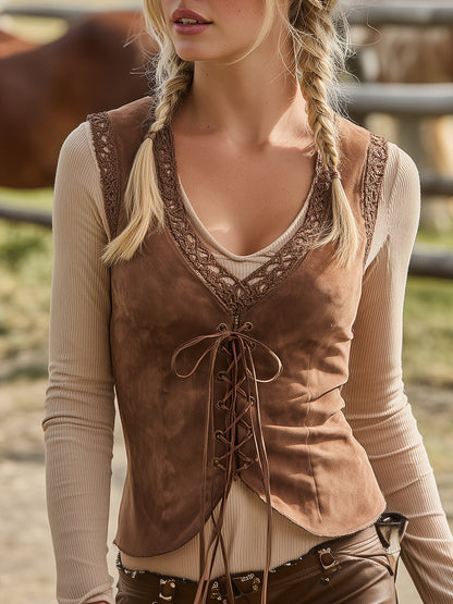 Elegant Western Lace Front Cross Strap Brown Suede Vest