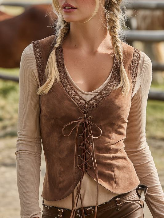 Elegant Western Lace Front Cross Strap Brown Suede Vest