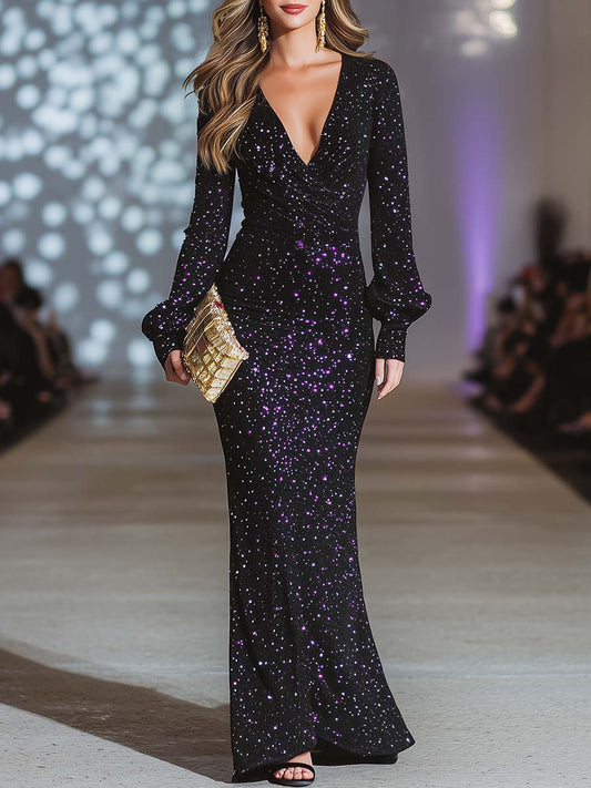 Elegant And Eye-catching V-neck Long-sleeved Purple Sequins Black Slit Maxi Dress
