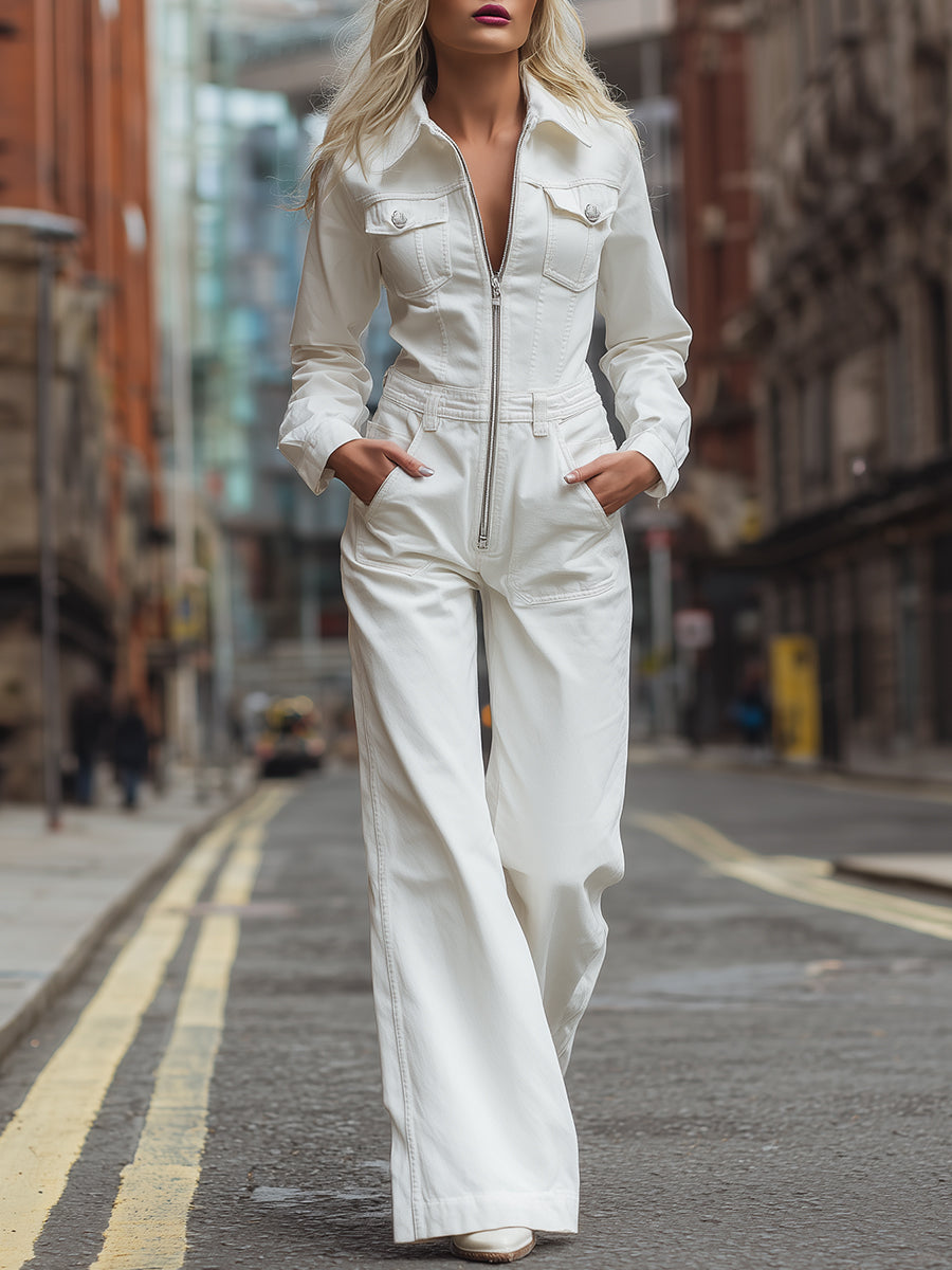 Casual Fashion White Zipper Lapel Long Sleeve Jumpsuit