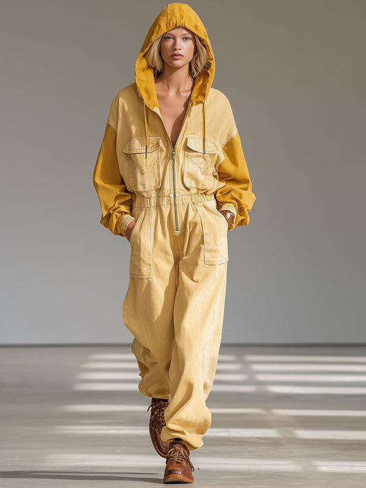 Casual Retro Yellow Denim Hooded Colorblock Long-Sleeved Jumpsuit