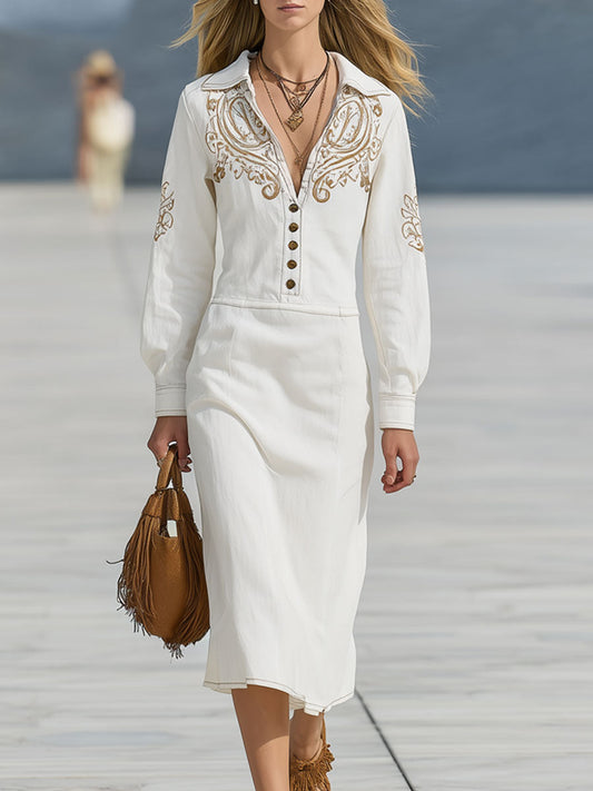 Casual Vintage Paisley Embroidered White Cotton Long-Sleeved Midi Dress