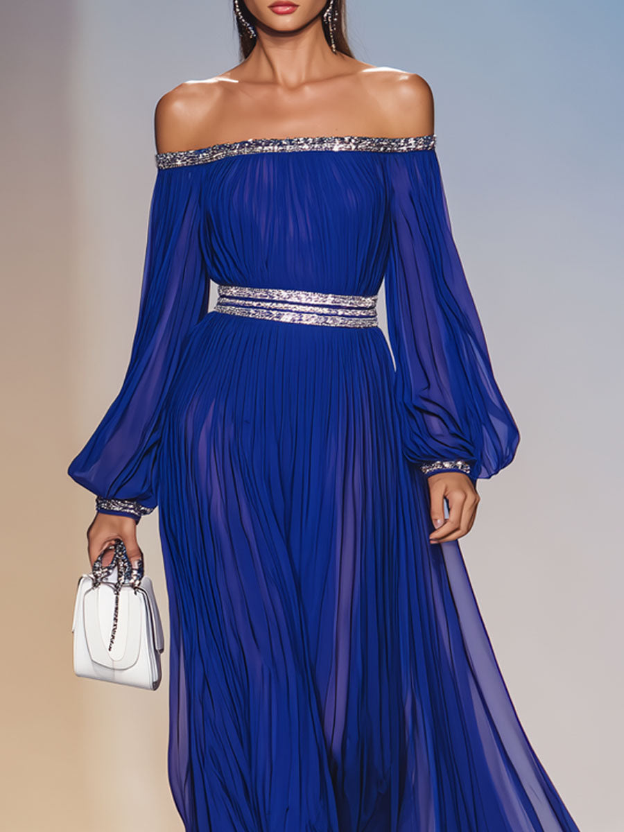 Elegant Off-the-shoulder, Boat-neck Pleated Chiffon Maxi Dress