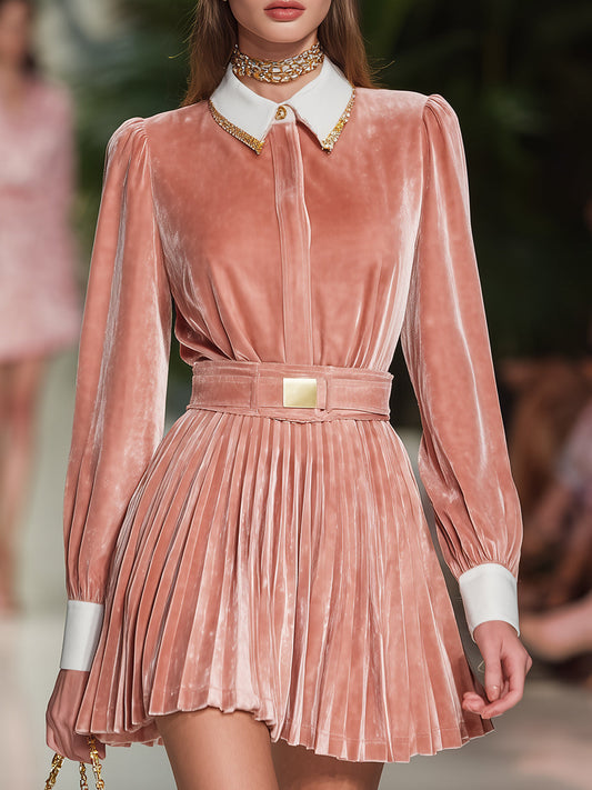 Elegant And Fashionable Pink Velvet Lapel Pleated Mini Dress