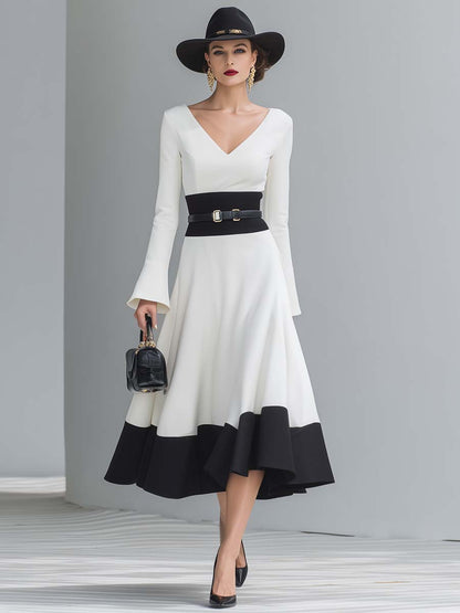 Elegant Classic V-neck Long-sleeved A-line Hem White And Black Contrast Midi Dress