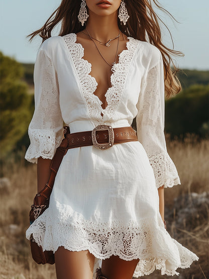 Vestido de lino blanco para mujer con escote en V, dobladillo de encaje y costuras, manga larga y encaje 