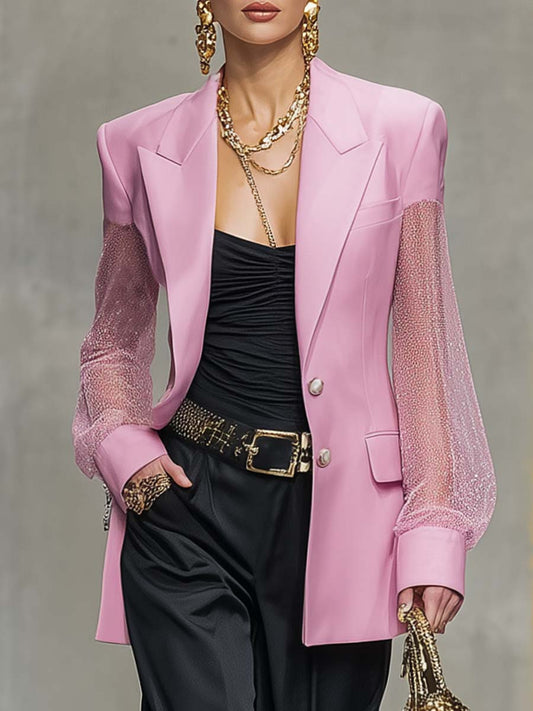 Exquisite And Elegant Peaked Lapel Single-breasted 2-button Mesh Sleeve Pink Satin Blazer