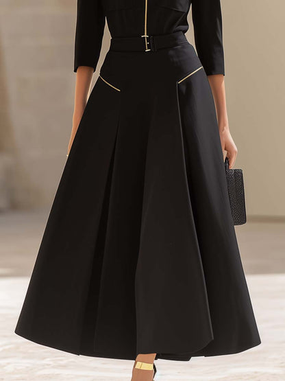 Fashion Classic V-neck Front Zipper Long Sleeve A-line Black Maxi Dress