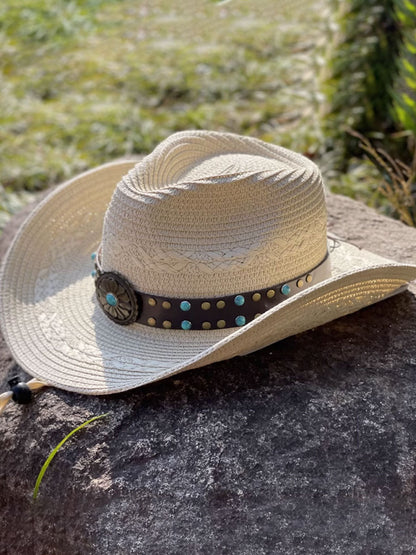 Sombrero de paja tejido vintage occidental con visera enjoyada