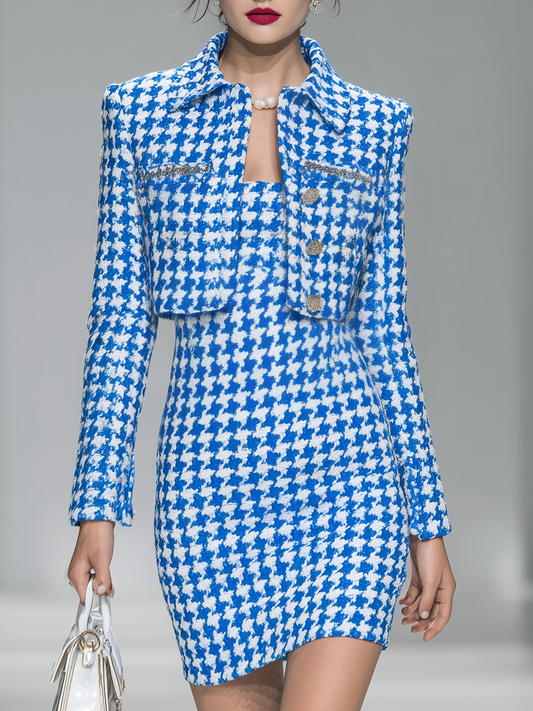 Elegant Houndstooth Knitted Jacket And Sleeveless Knitted Dress Set