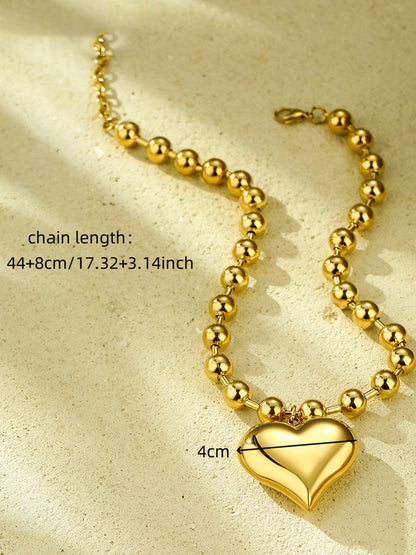 Fashion Beaded Heart Shape 18k Contrast Color Stainless Steel Necklace