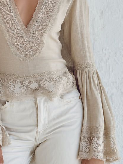 Bohemian Beige V-Neck Lace Trim Bell Sleeve Shirt