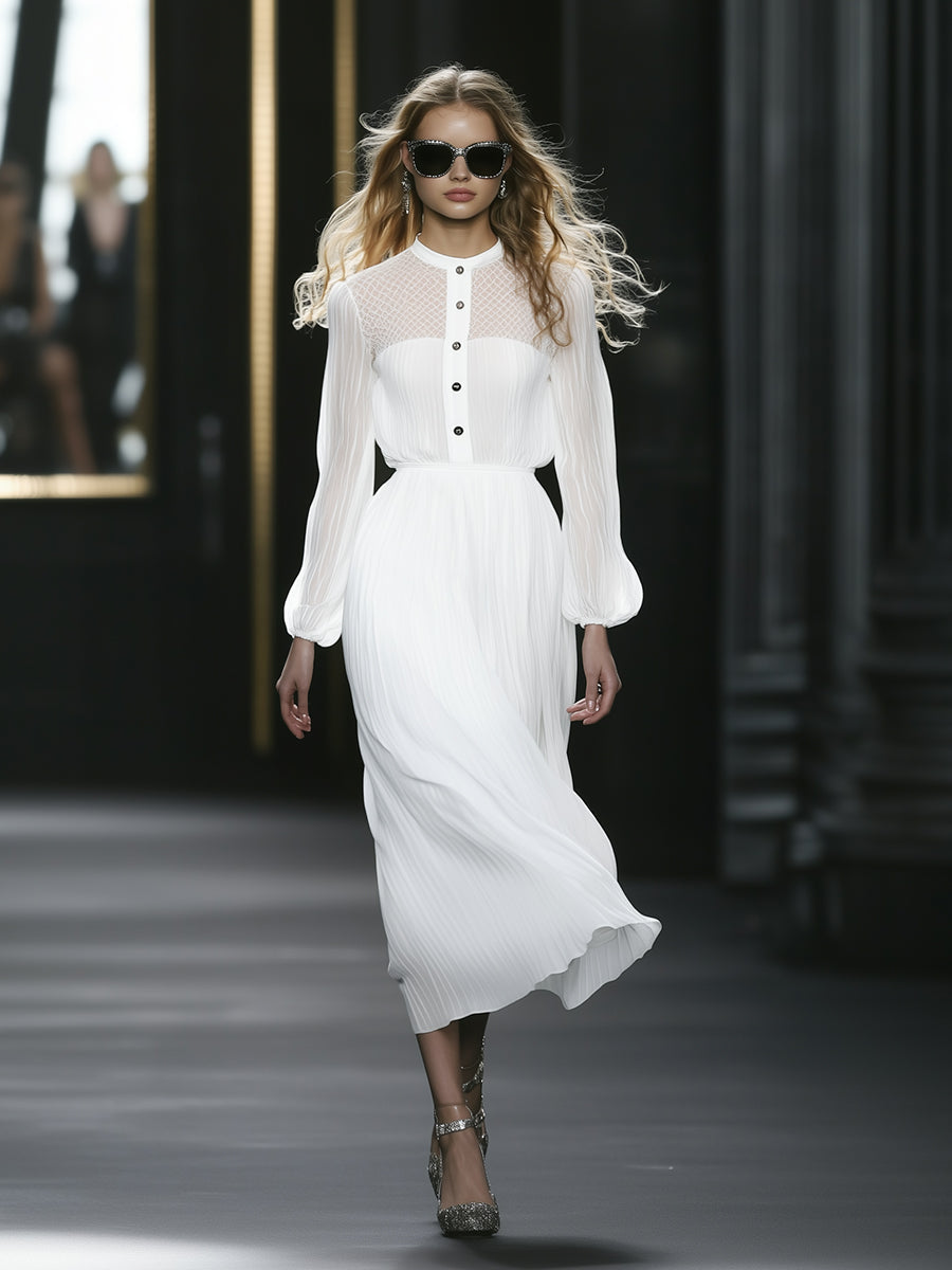 Elegant And Romantic Long-sleeved Textured Chiffon White Midi Dress